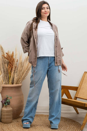 PLUS SNAP BUTTON ZIP UP HOODED JACKET: LIGHT OLIVE