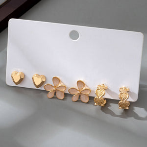 GOLD TRIO HEART FLOWER SEASHELL HUGGIE HOOP EARRINGS