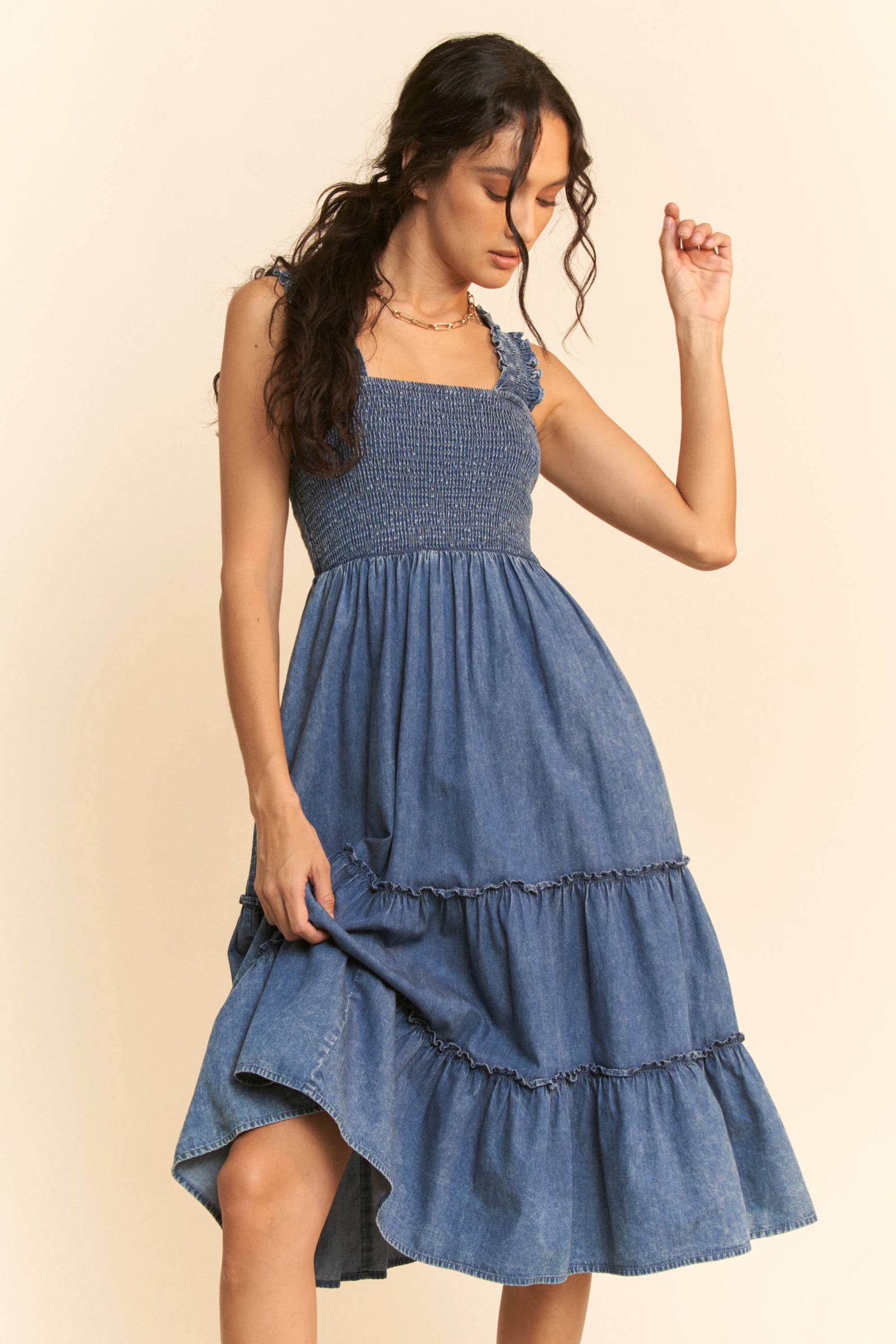 WASHED DENIM SMOCKING STRAPS TIERED MIDI DRESS