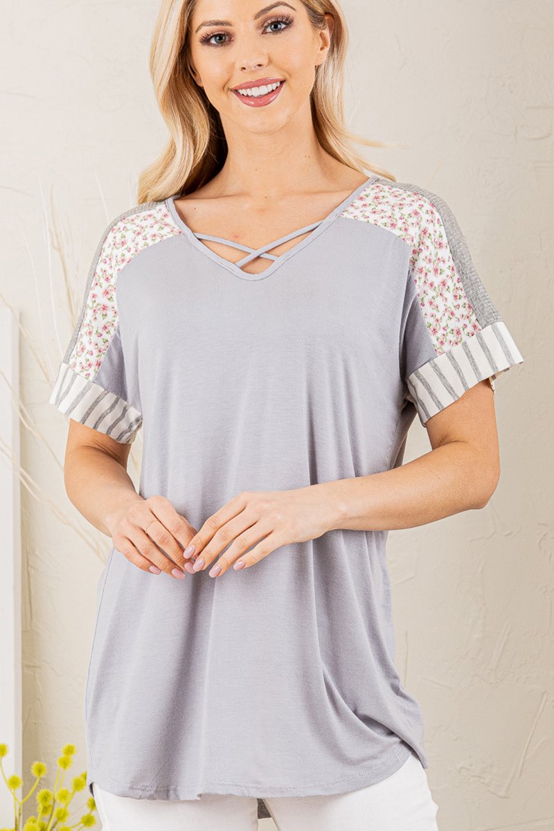 Heather Grey Criss Cross Tee with Contrasting Floral/Stripe Sleeves