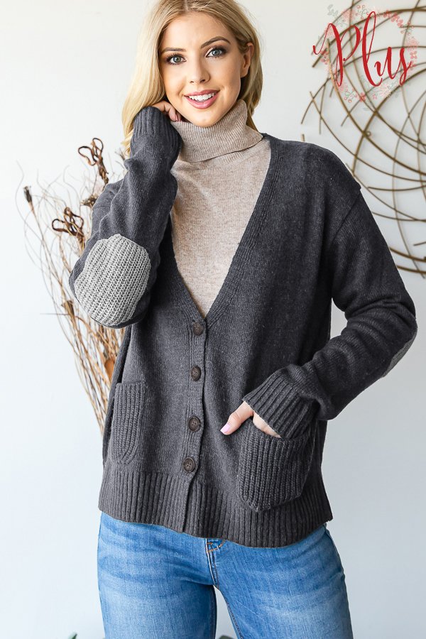 Boyfriend Button Down Sweater with Patch Elbow - Charcoal