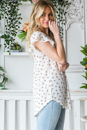 Ditsy Floral V-Neck Top with Dophin Hem