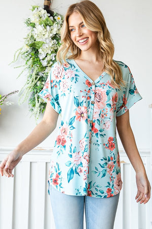 Mint Floral Dolman Sleeve V-Neck Top