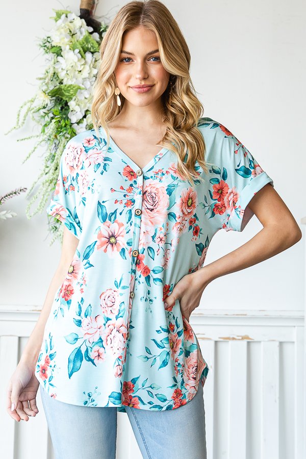 Mint Floral Dolman Sleeve V-Neck Top