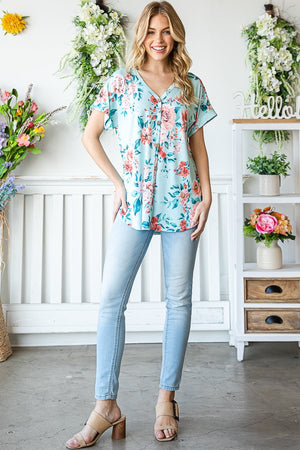 Mint Floral Dolman Sleeve V-Neck Top