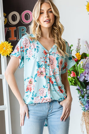 Mint Floral Dolman Sleeve V-Neck Top