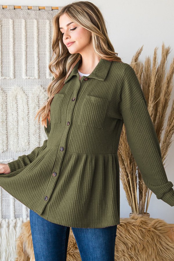 Crisp Fall Air Long Sleeve Ribbed Babydoll Overshirt - Olive