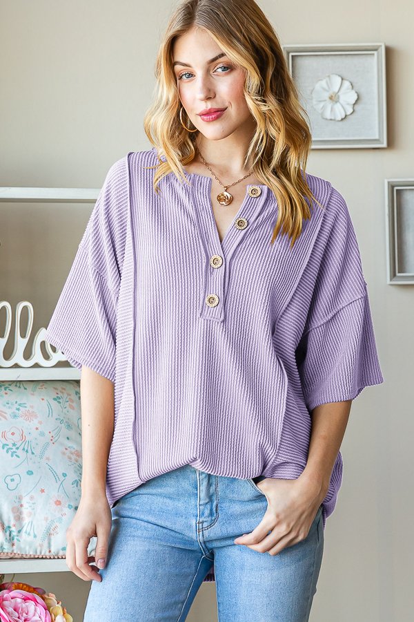 Urban Ribbed Button-Front Detail Top in Lavender