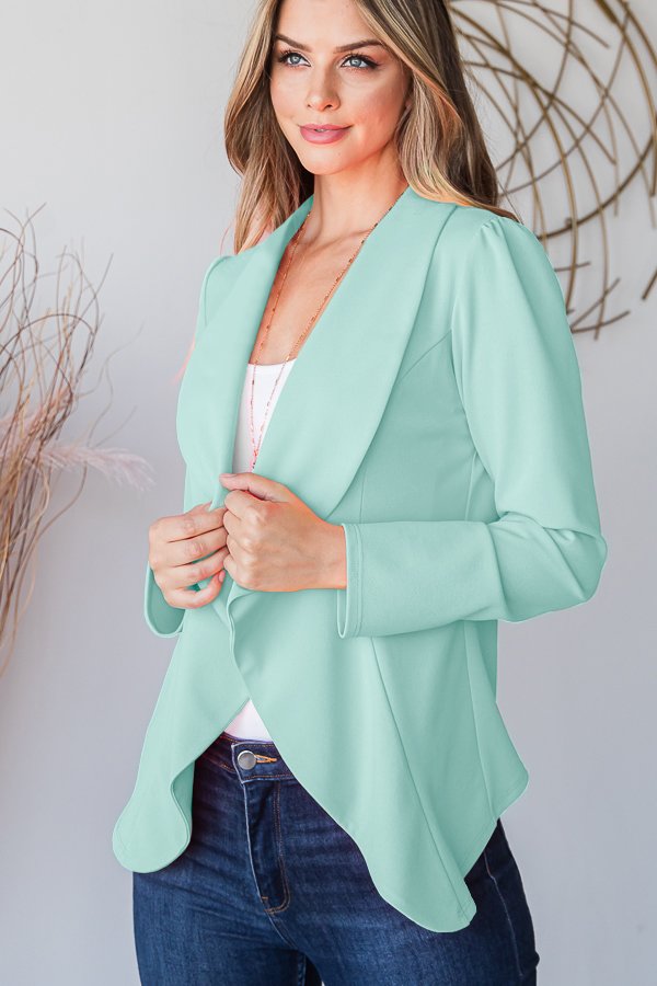 Long Sleeve Open Front Waterfall Blazer in Mint