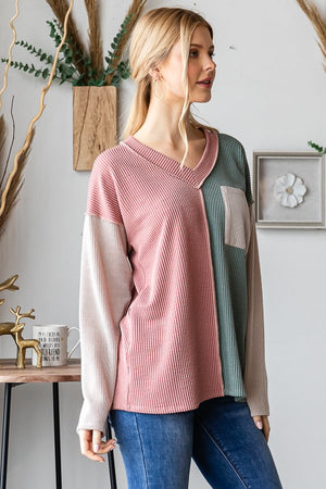 Waiting For Warming Weather Long Sleeve Corded Colorblock Top