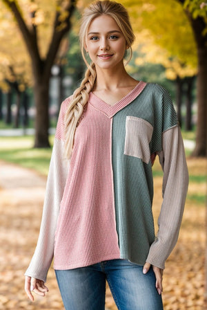 Waiting For Warming Weather Long Sleeve Corded Colorblock Top