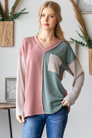 Waiting For Warming Weather Long Sleeve Corded Colorblock Top