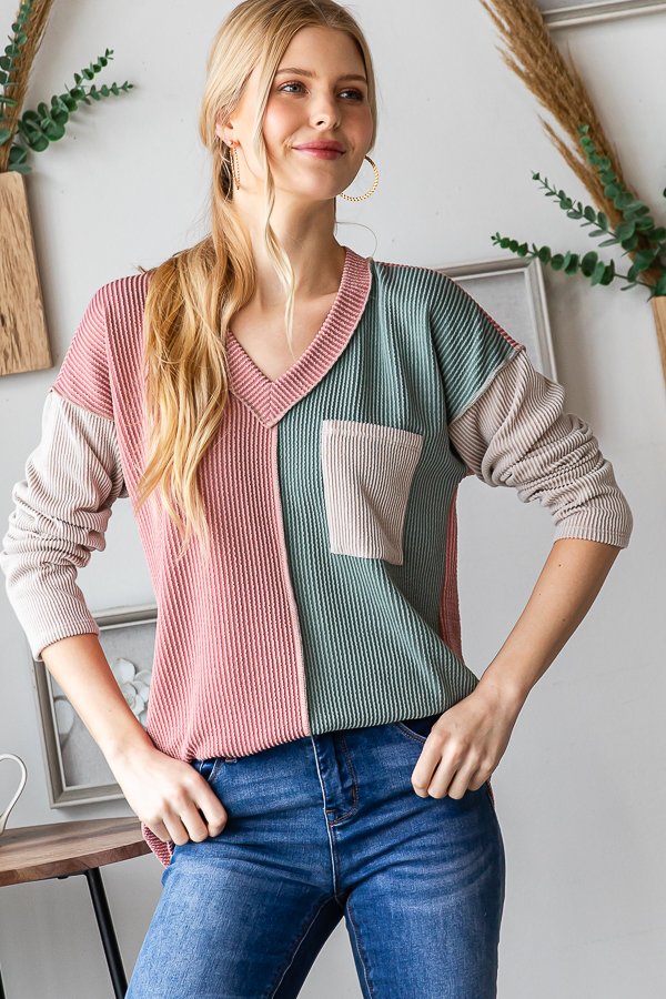 Waiting For Warming Weather Long Sleeve Corded Colorblock Top