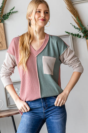 Waiting For Warming Weather Long Sleeve Corded Colorblock Top