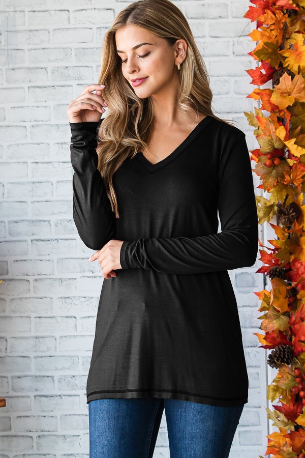 Basic Bae Long Sleeve V-Neck Top in Black