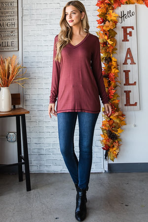 Basic Bae Long Sleeve V-Neck Top in Marsala