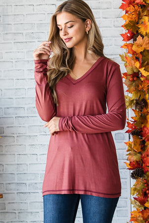 Basic Bae Long Sleeve V-Neck Top in Marsala