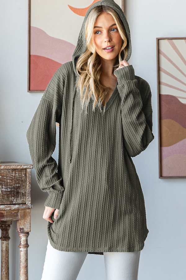 Ribbed Hoodie with Round Hem in Olive Vintage