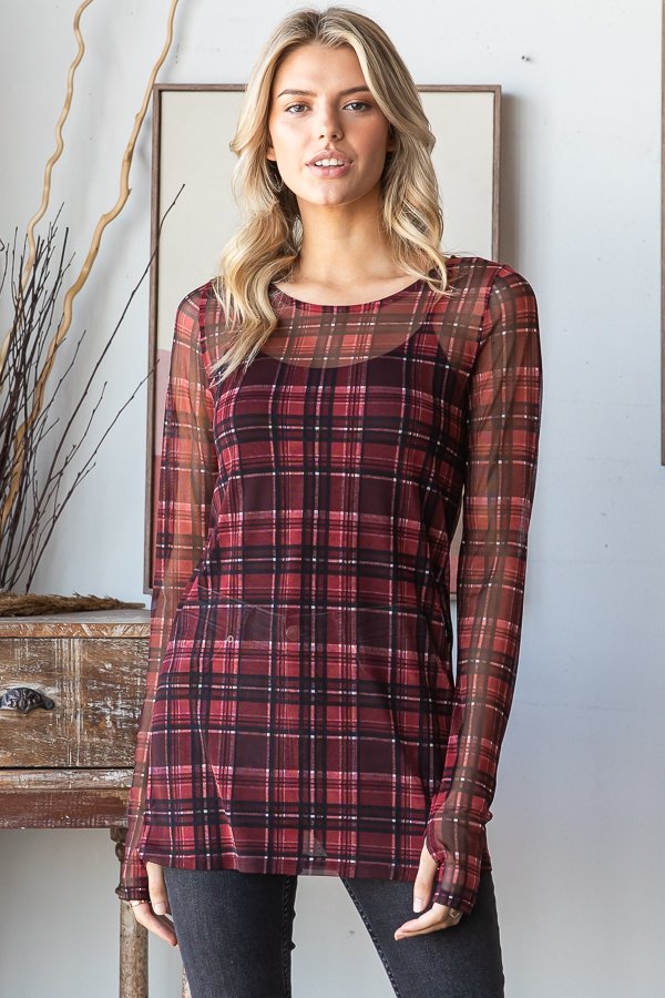 Long Sleeve Holiday Plaid Mesh Top