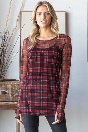 Long Sleeve Holiday Plaid Mesh Top