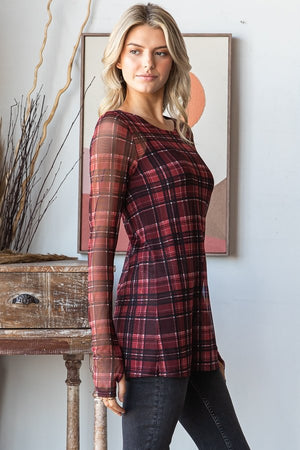 Long Sleeve Holiday Plaid Mesh Top