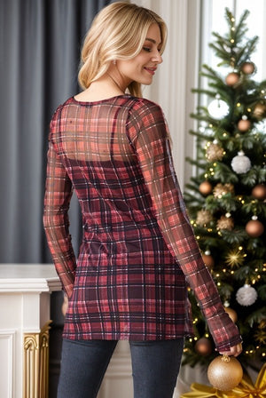 Long Sleeve Holiday Plaid Mesh Top