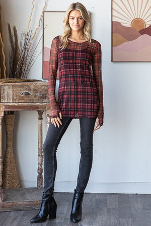 Long Sleeve Holiday Plaid Mesh Top
