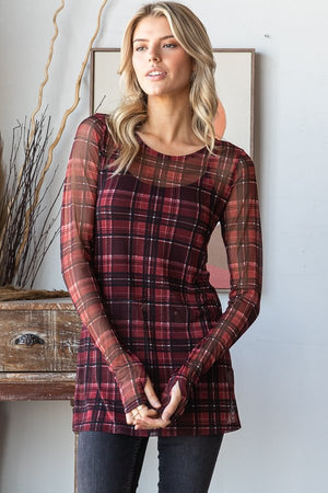 Long Sleeve Holiday Plaid Mesh Top