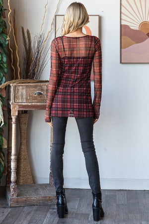 Long Sleeve Holiday Plaid Mesh Top
