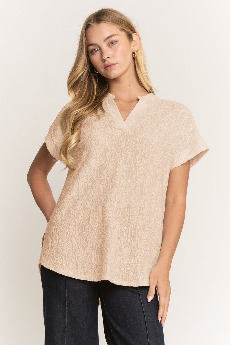 Textured Romance Notched V-NeckTop