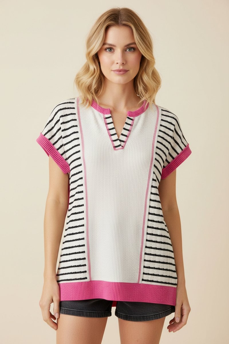 Summer Striped Corded Short Sleeve Top