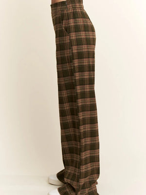 Plaid Wide Leg Dress Pants in Olive/Mocha
