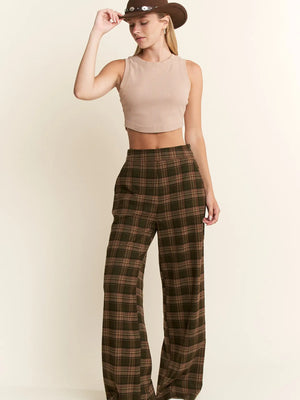 Plaid Wide Leg Dress Pants in Olive/Mocha