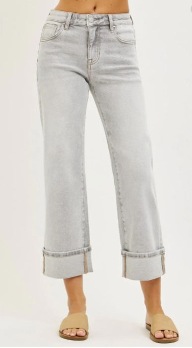Risen Mid Rise Cropped Straight Leg Cuffed Jeans in Grey Wash