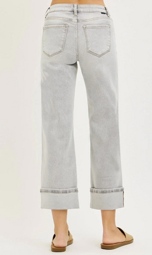 Risen Mid Rise Cropped Straight Leg Cuffed Jeans in Grey Wash