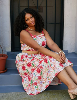 Smocked Bodice Floral Square Neck Midi Dress