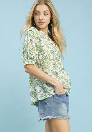 Fresh Start Smocked V-Neck Paisley Top