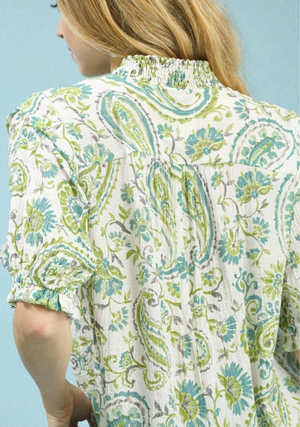 Fresh Start Smocked V-Neck Paisley Top
