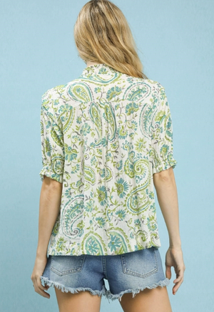 Fresh Start Smocked V-Neck Paisley Top