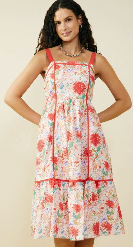 Smocked Bodice Floral Square Neck Midi Dress