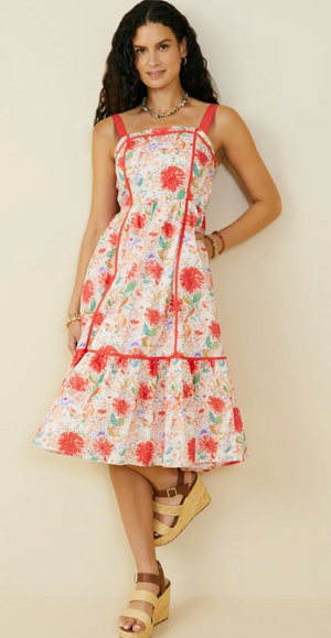 Smocked Bodice Floral Square Neck Midi Dress
