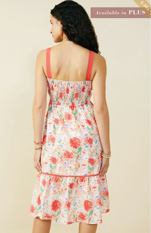 Smocked Bodice Floral Square Neck Midi Dress