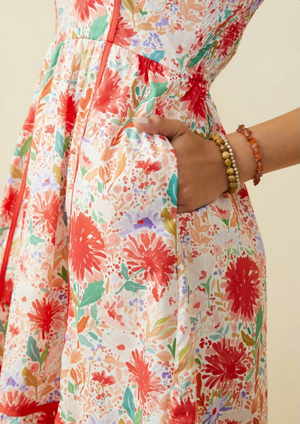 Smocked Bodice Floral Square Neck Midi Dress