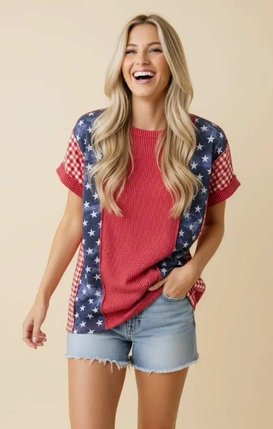 Stars & Gingham Color Block Corded Top