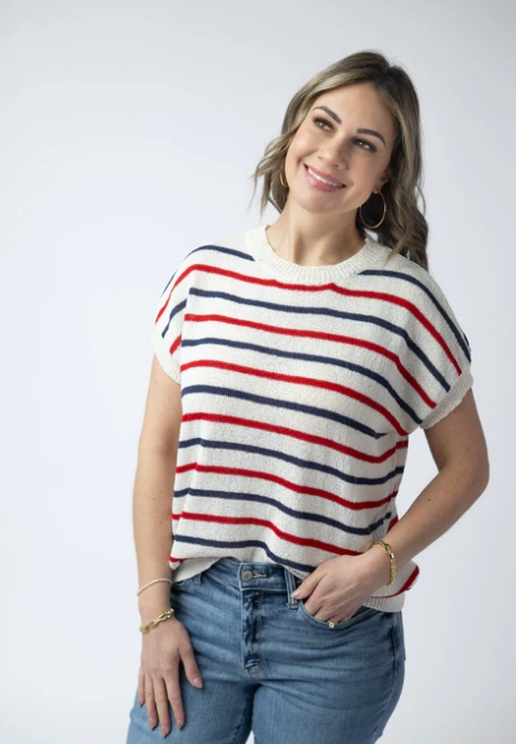 Red, White, and Blue Stripes Open Knit Top