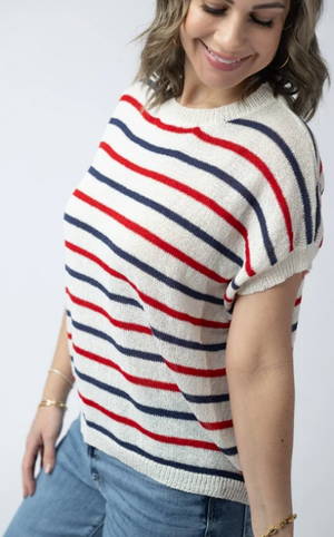 Red, White, and Blue Stripes Open Knit Top