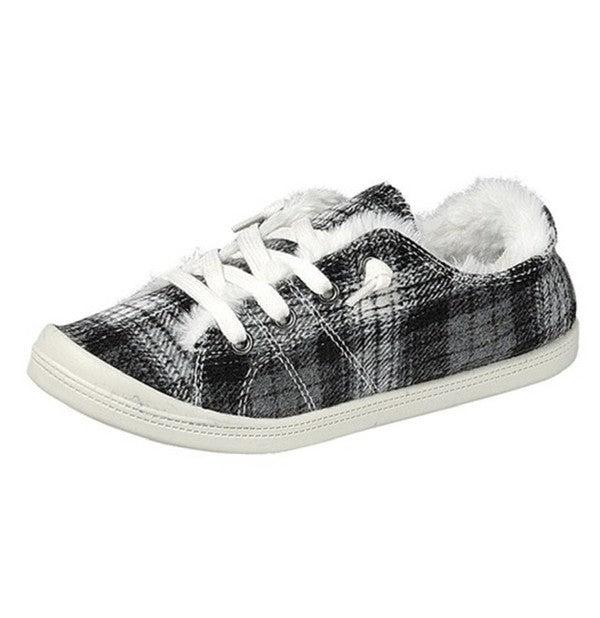 Keep Me Cozy Black & White Plaid Fur Slip on Sneakers