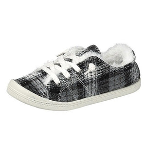 Keep Me Cozy Black & White Plaid Fur Slip on Sneakers