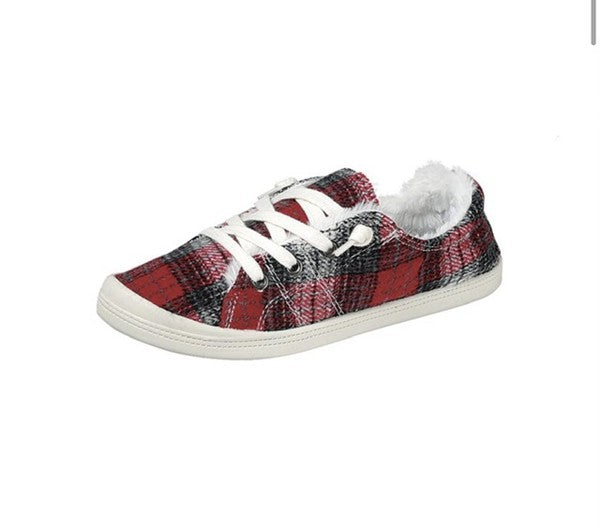 Keep Me Cozy Red & Black Plaid Fur Slip on Sneakers