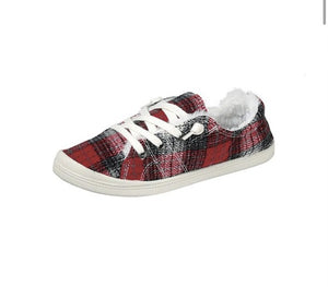 Keep Me Cozy Red & Black Plaid Fur Slip on Sneakers